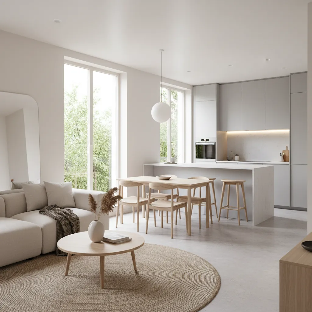 Interior de casa pequeña con sala comedor y cocina integrados
