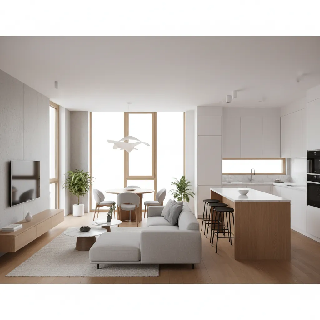Interior de casa pequeña con cocina sala y comedor en espacio abierto