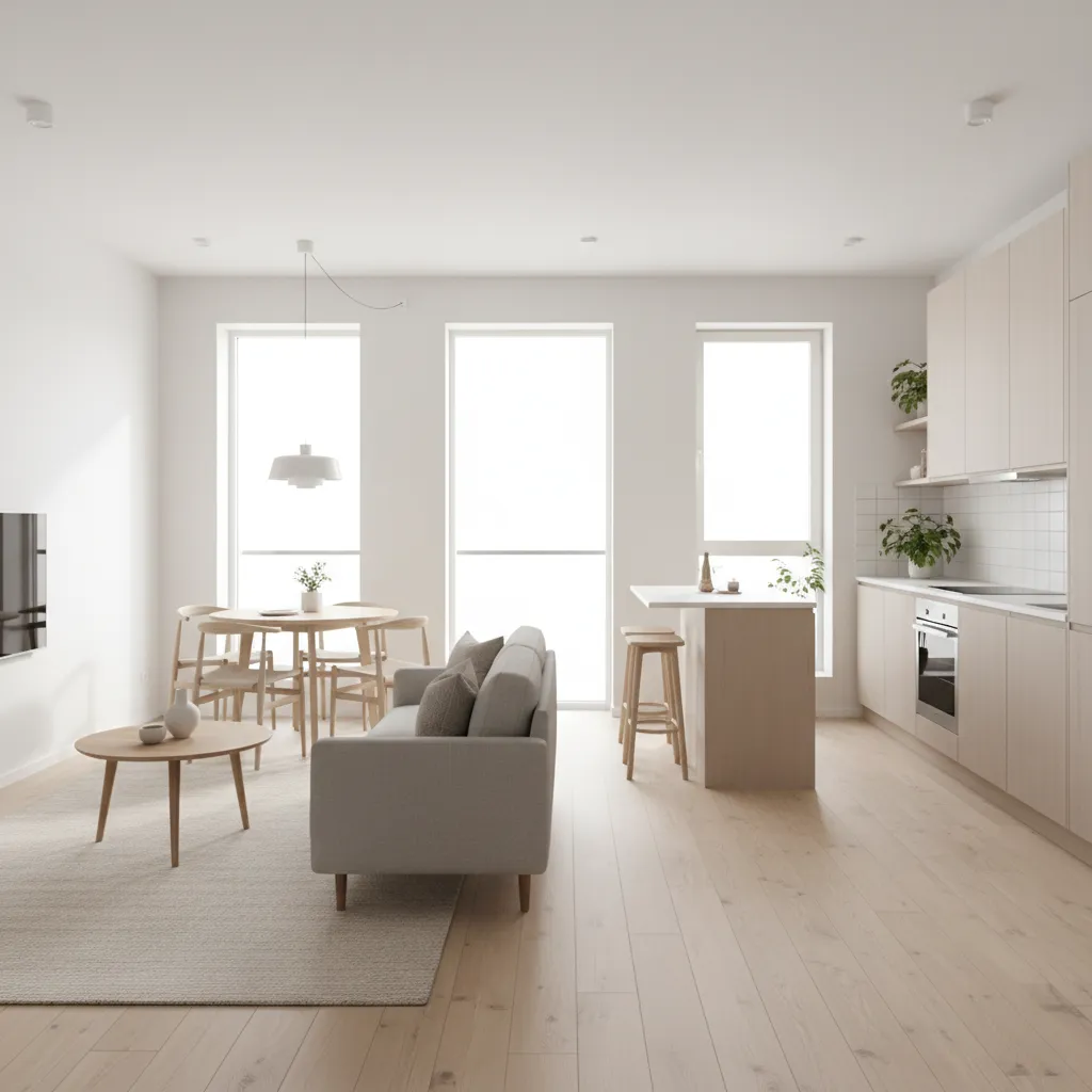 Interior de casa pequeña con cocina, comedor y sala integrados