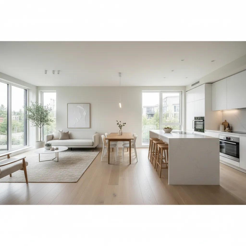 open plan living dining kitchen layout in a small modern home
