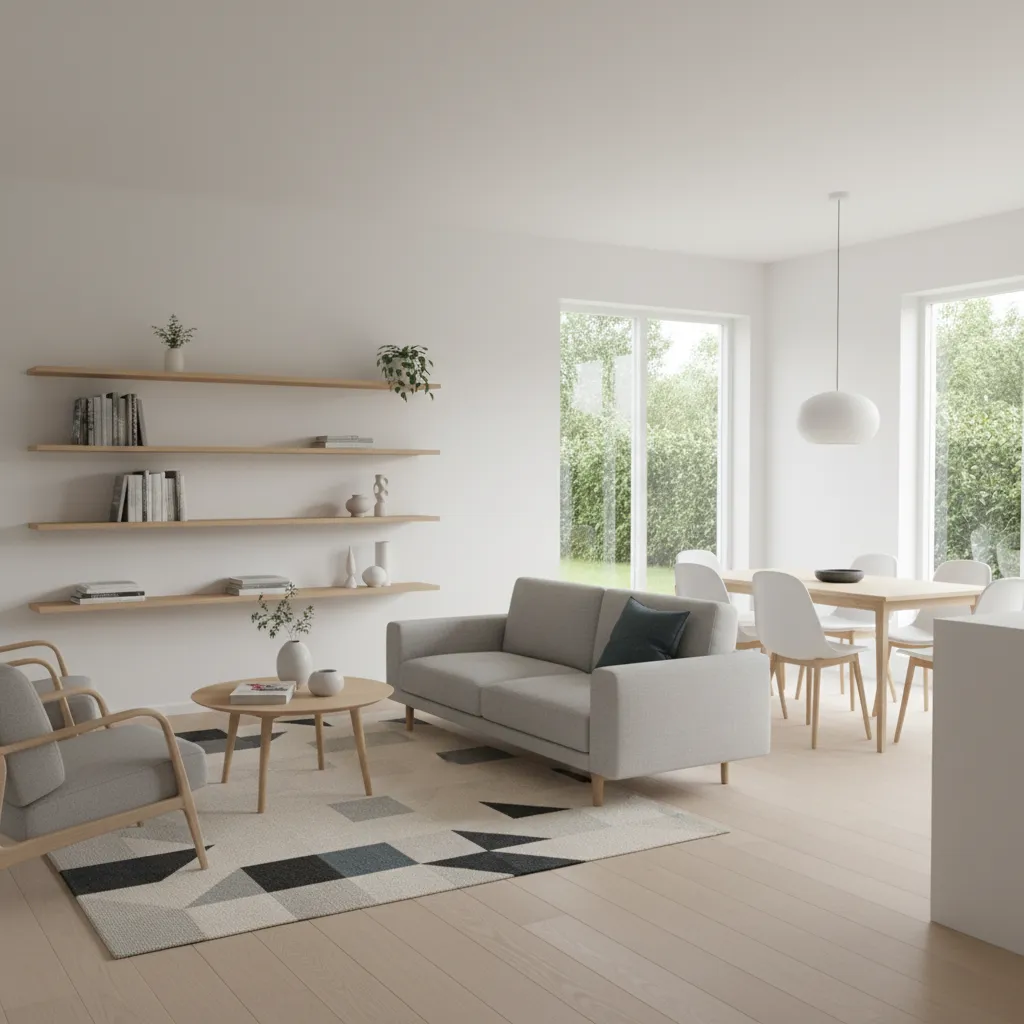 Open plan small home with furniture zoning separating living and dining areas