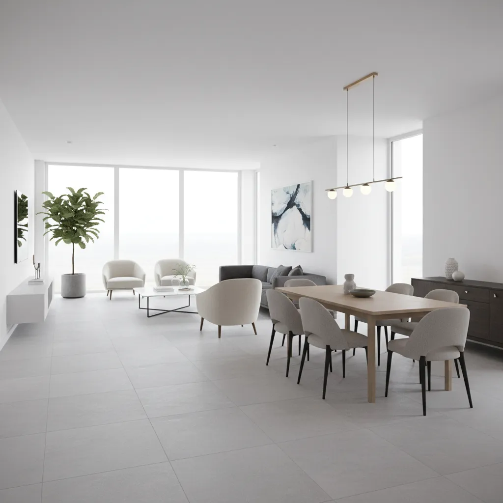 open plan apartment with continuous tile flooring across living and dining area