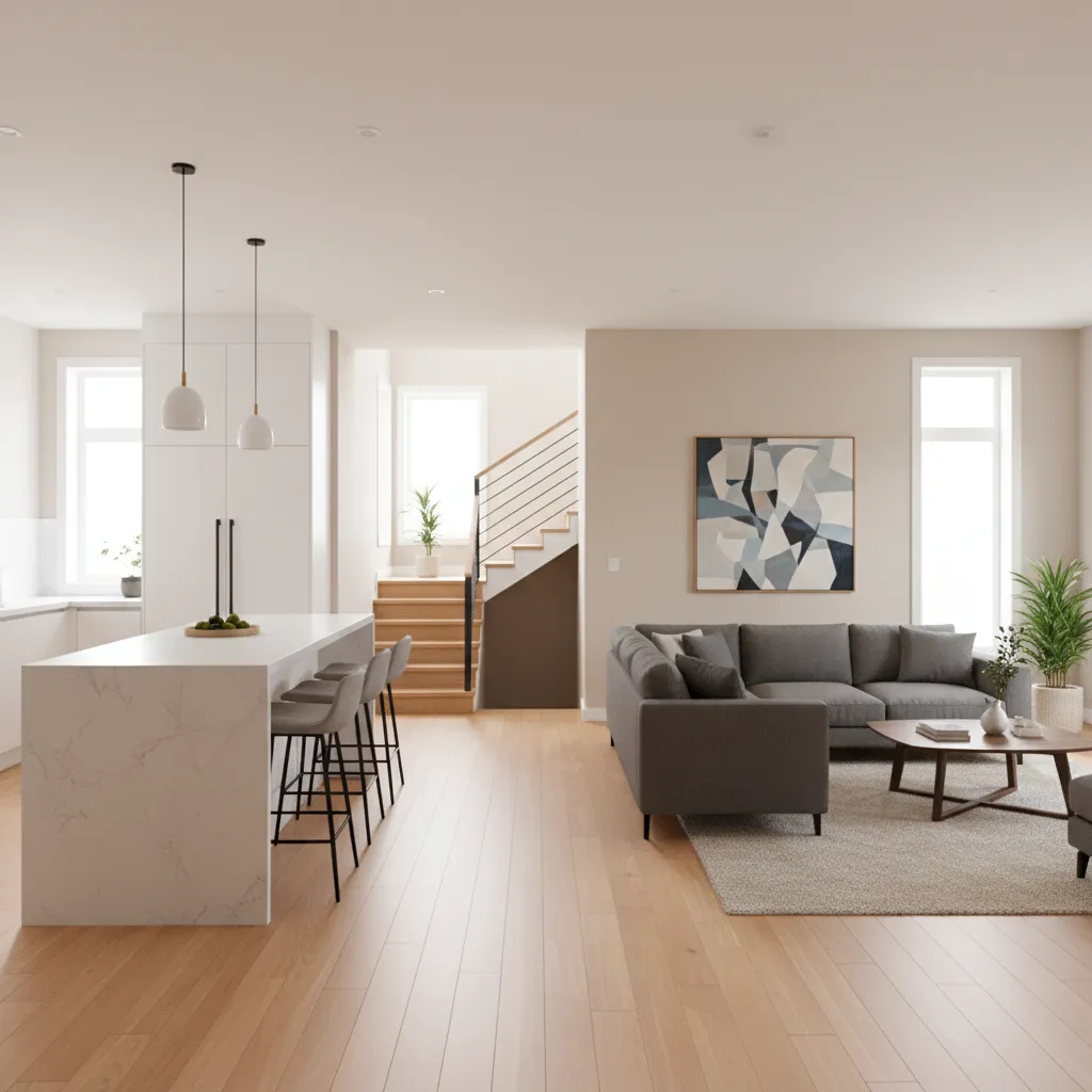 open plan home with staircase between kitchen and living room layout