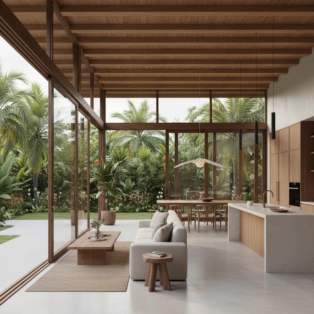 open plan tropical house living dining kitchen layout