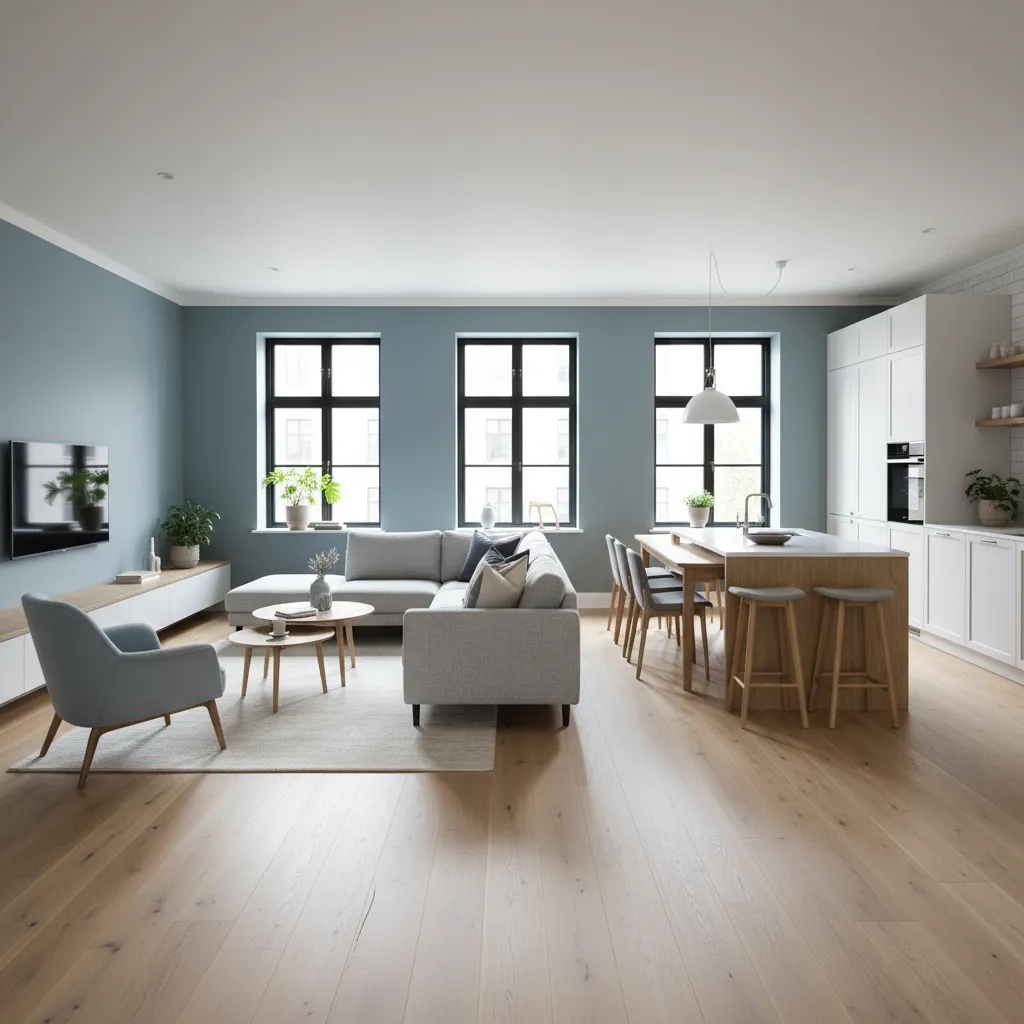 open plan living dining space showing unity across zones with consistent materials