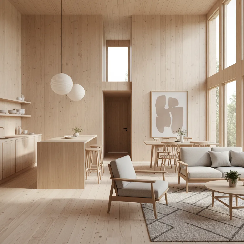 Interior de casa de madera con distribución abierta minimalista
