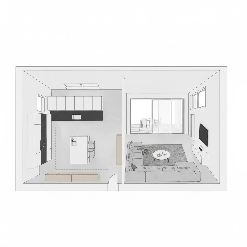 Floor plan showing zones for open kitchen and living room