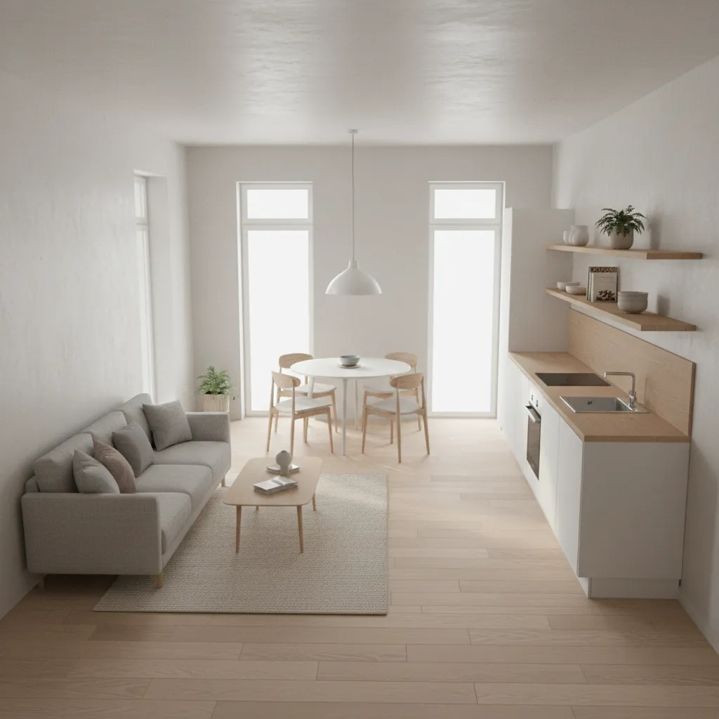Open plan layout zoning with sofa area dining table and kitchen alignment