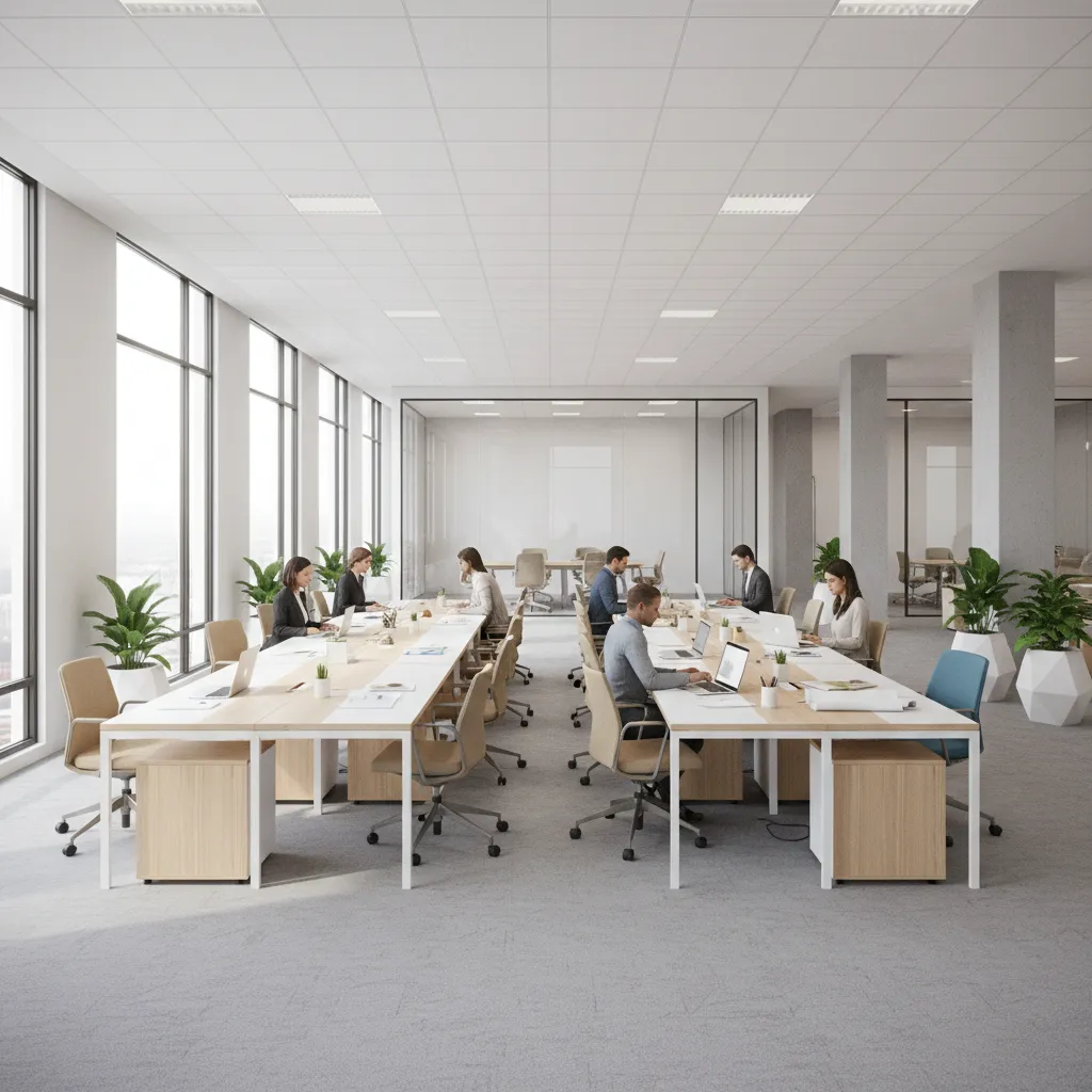 Open real estate office with agents working at shared desks