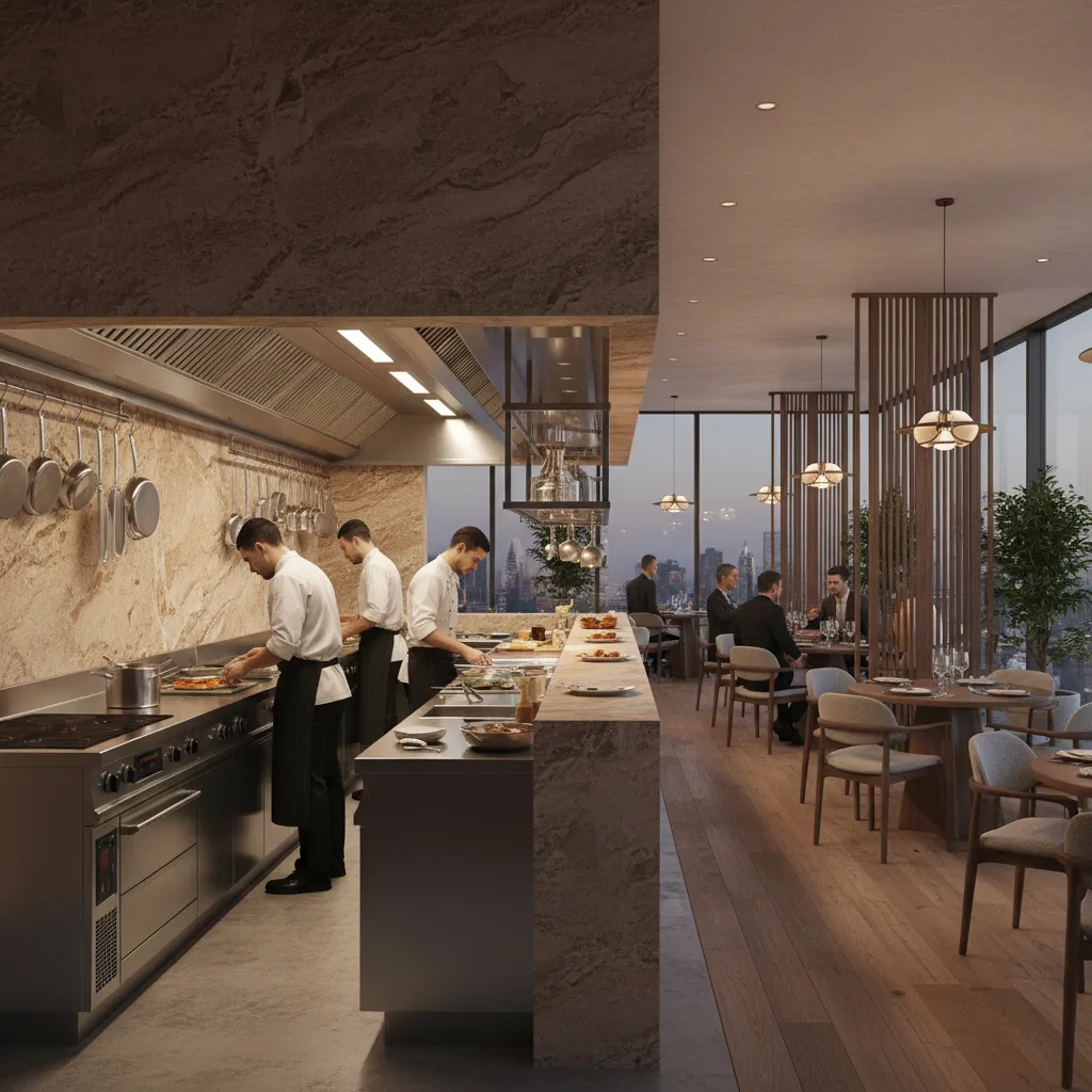 open restaurant kitchen with stone backsplash visible to diners