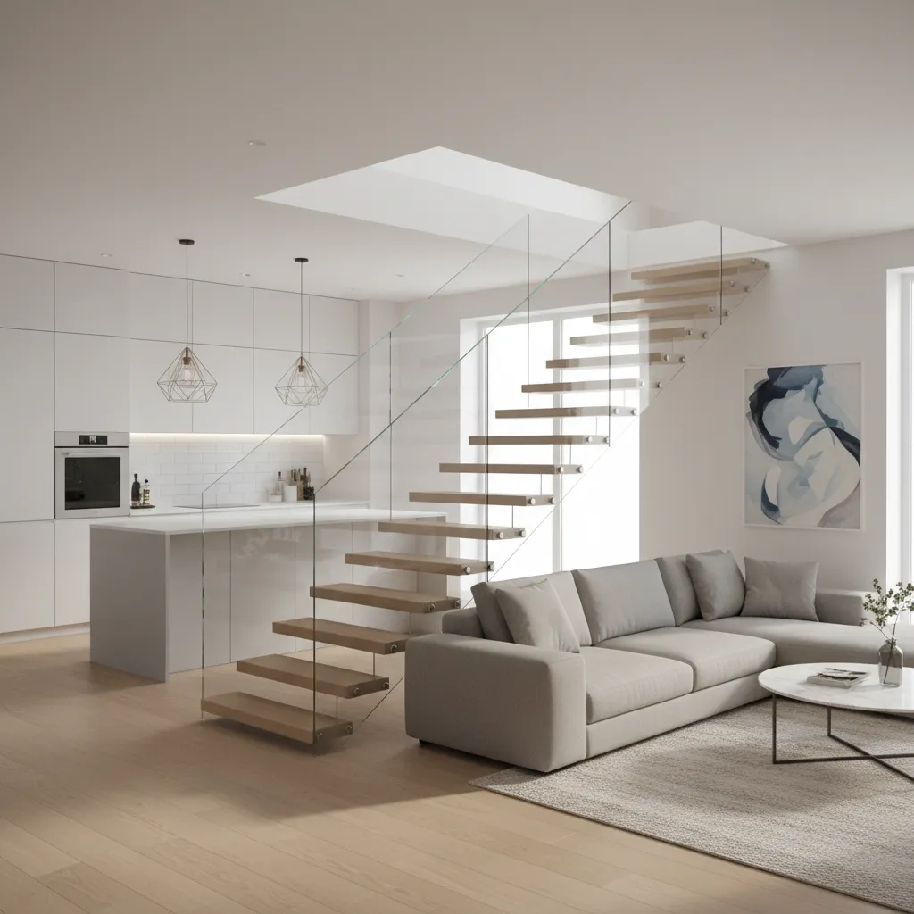 open riser staircase separating kitchen and living room without blocking light