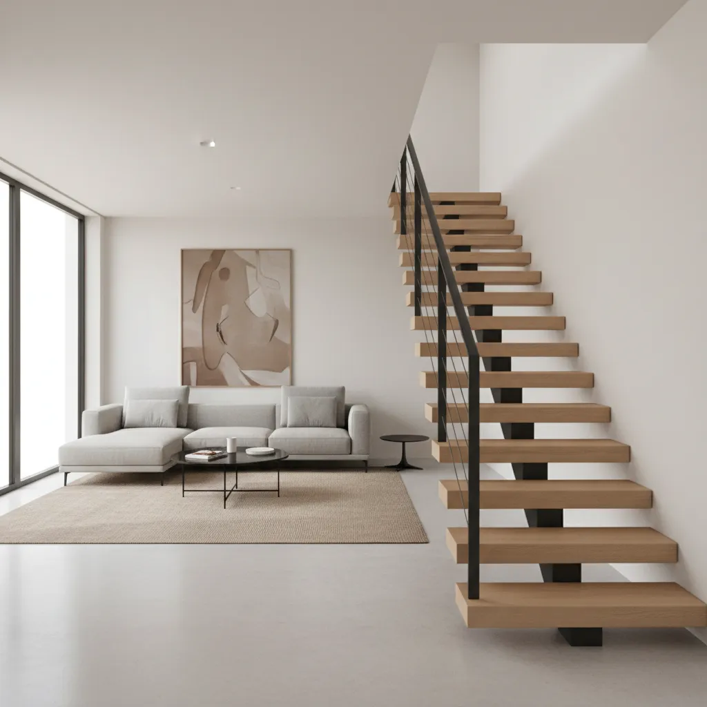 Open riser staircase integrated into a bright modern living room