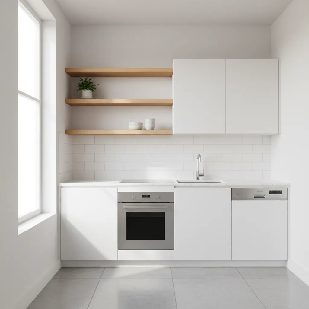Small kitchen combining open shelves and closed cabinets