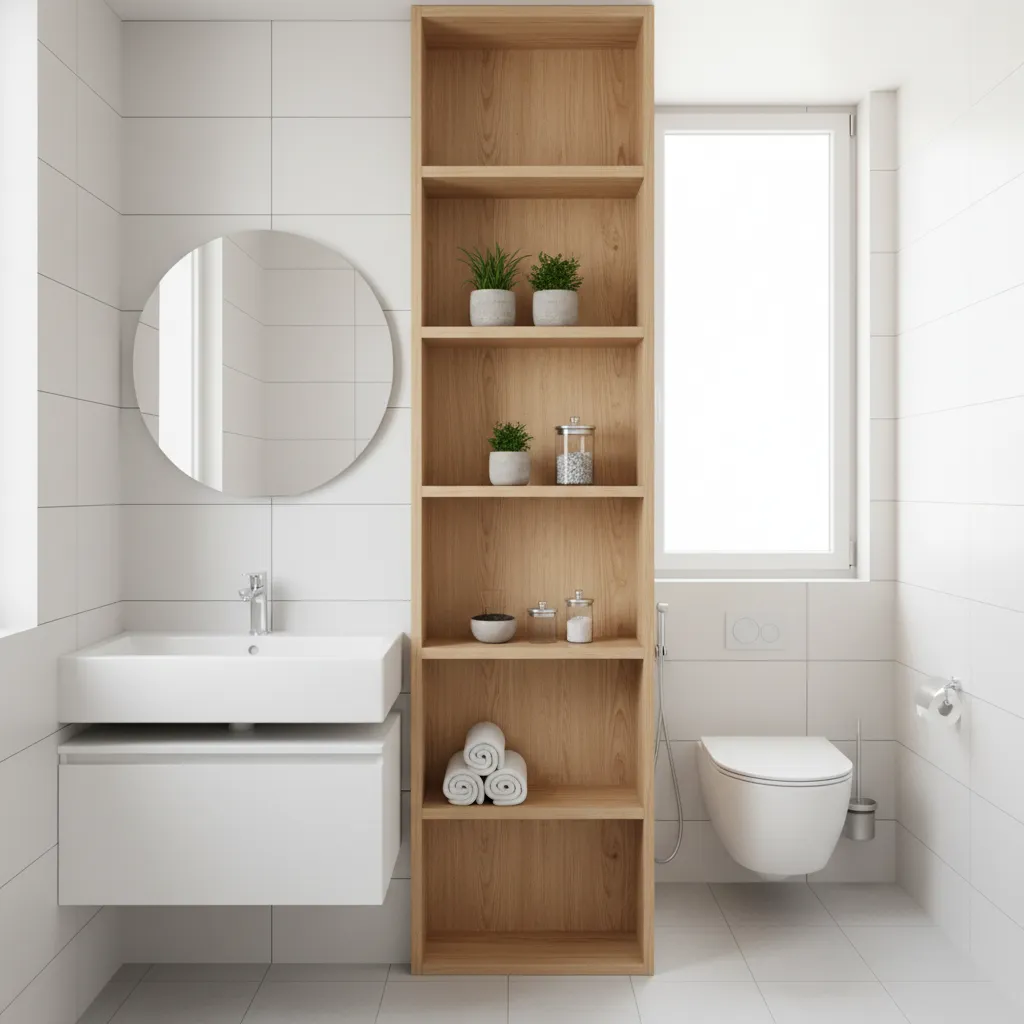 Bathroom open shelving partition dividing vanity and toilet
