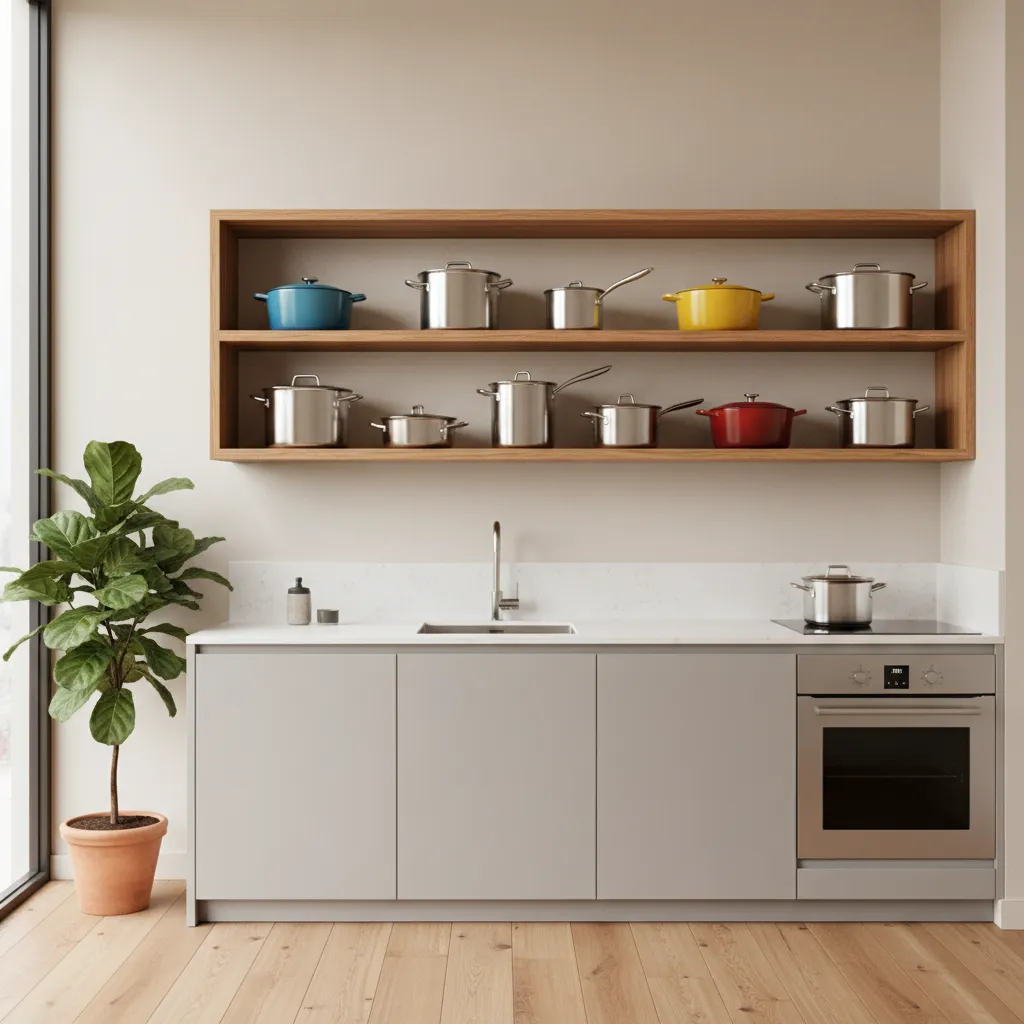 open shelving in a small kitchen displaying cookware and dutch oven