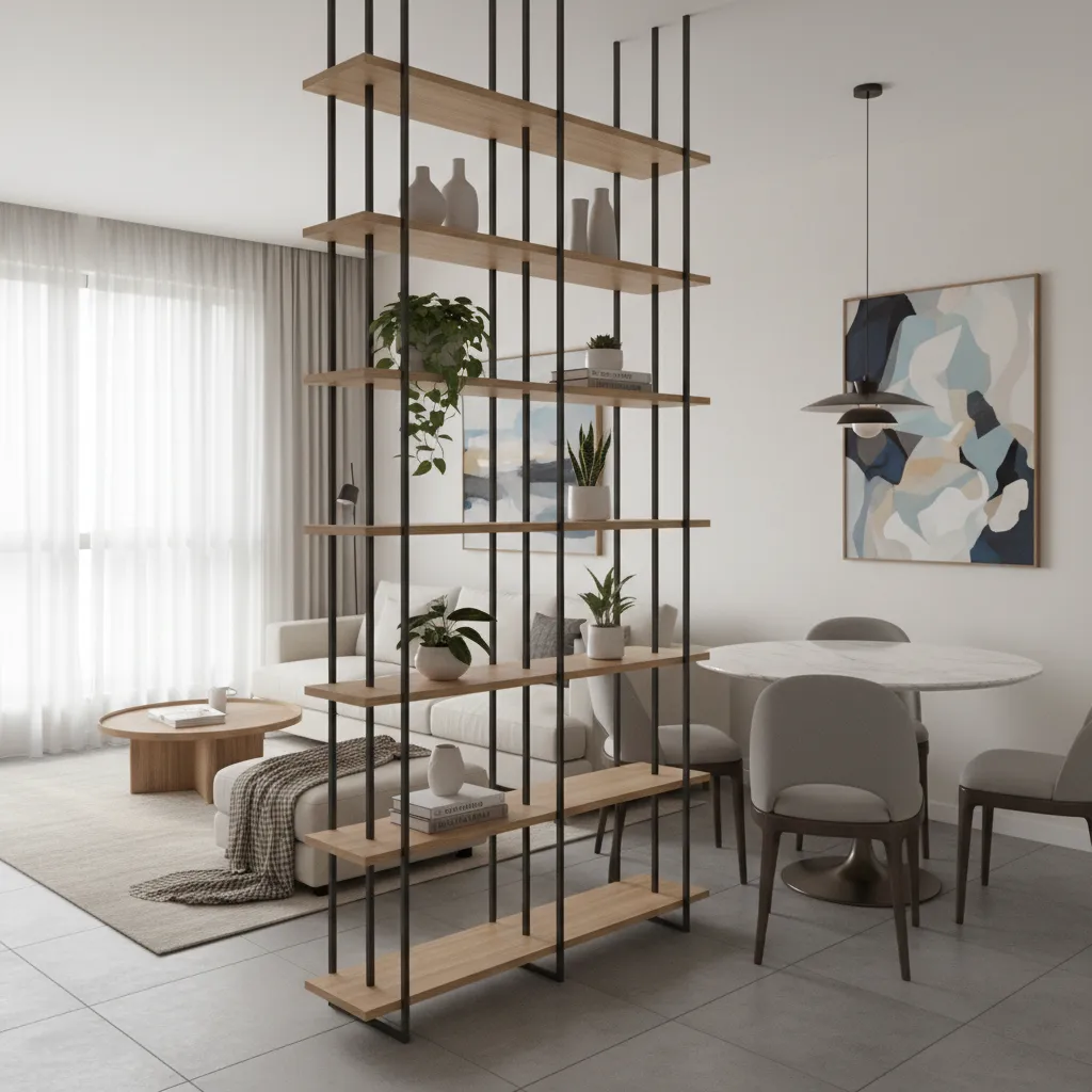Open shelving divider between living and dining room