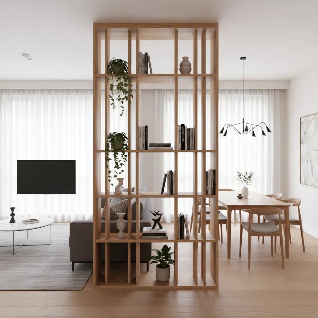 open shelving partition separating living and dining spaces