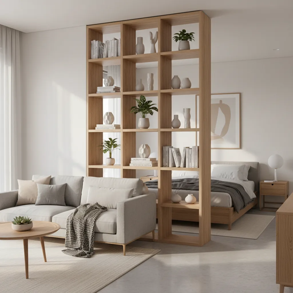 Open shelving unit used as a stylish room divider in a small apartment
