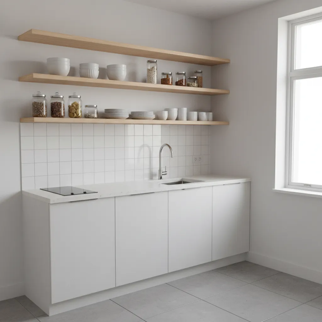 Small kitchen with open shelves replacing cabinets