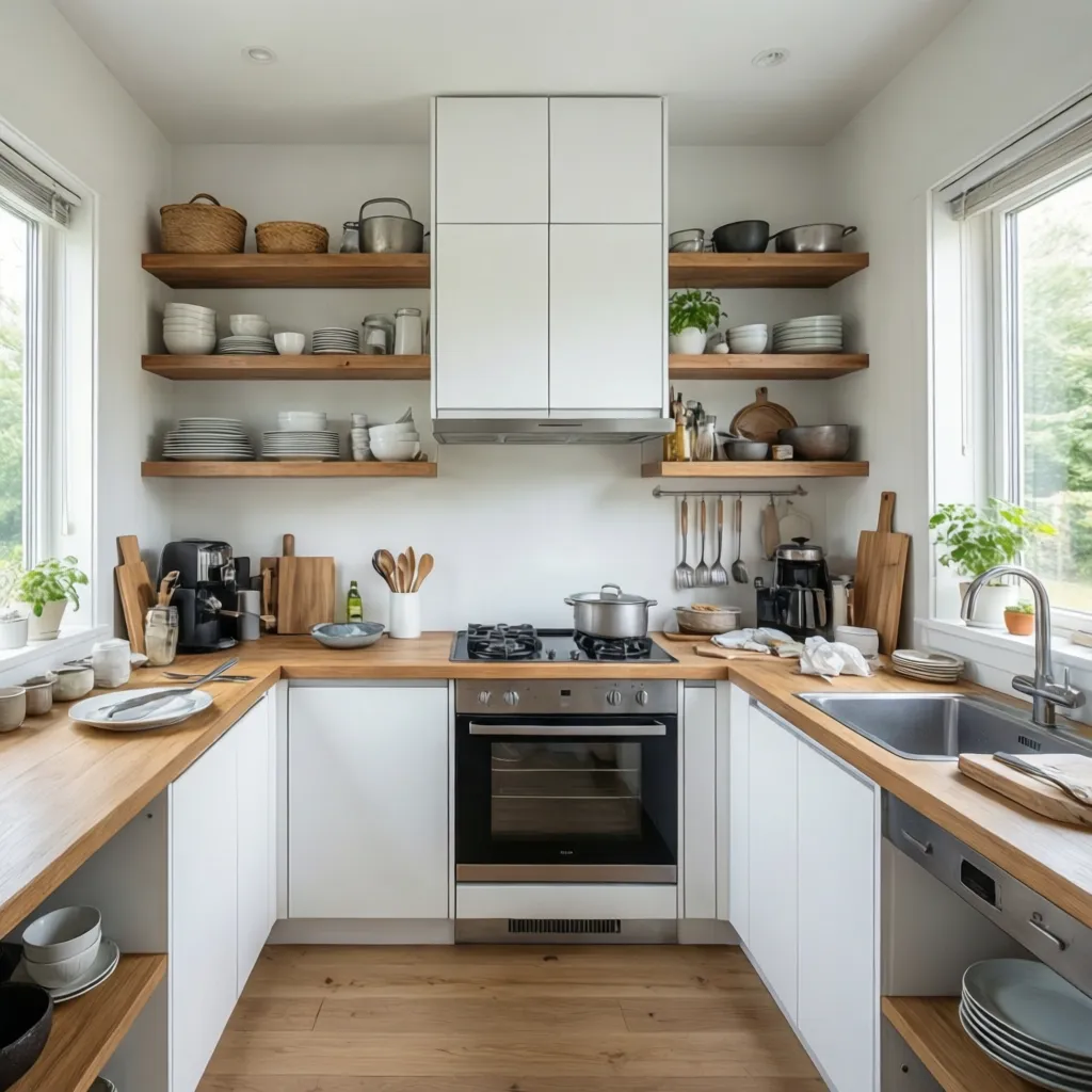 small kitchen with open shelving replacing upper cabinets