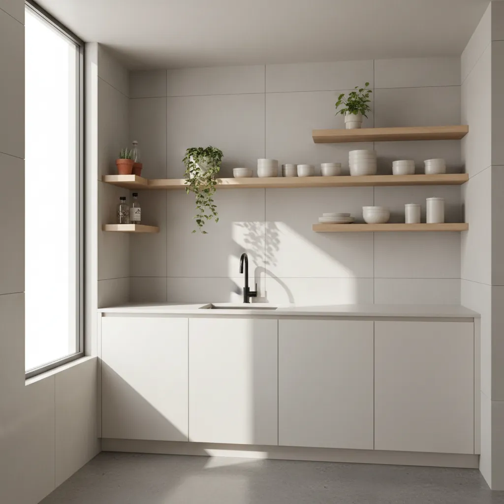Small kitchen combining open shelves and asymmetrical cabinets