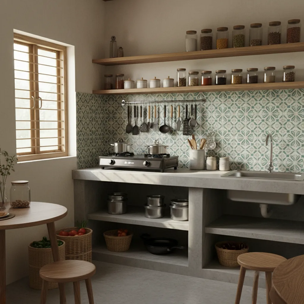 Open shelves kitchen storage in a simple Nepali kitchen