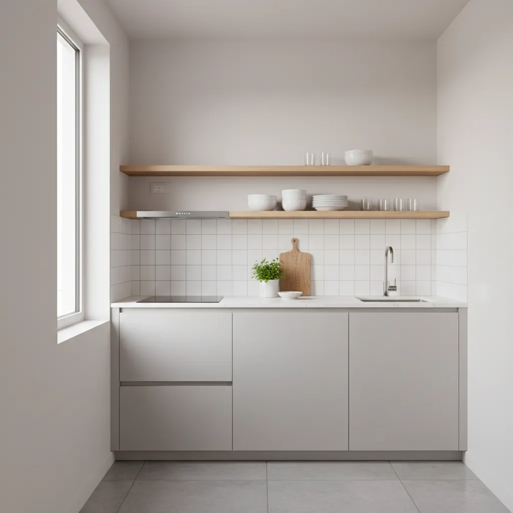 small kitchen with limited open shelving and clean countertop