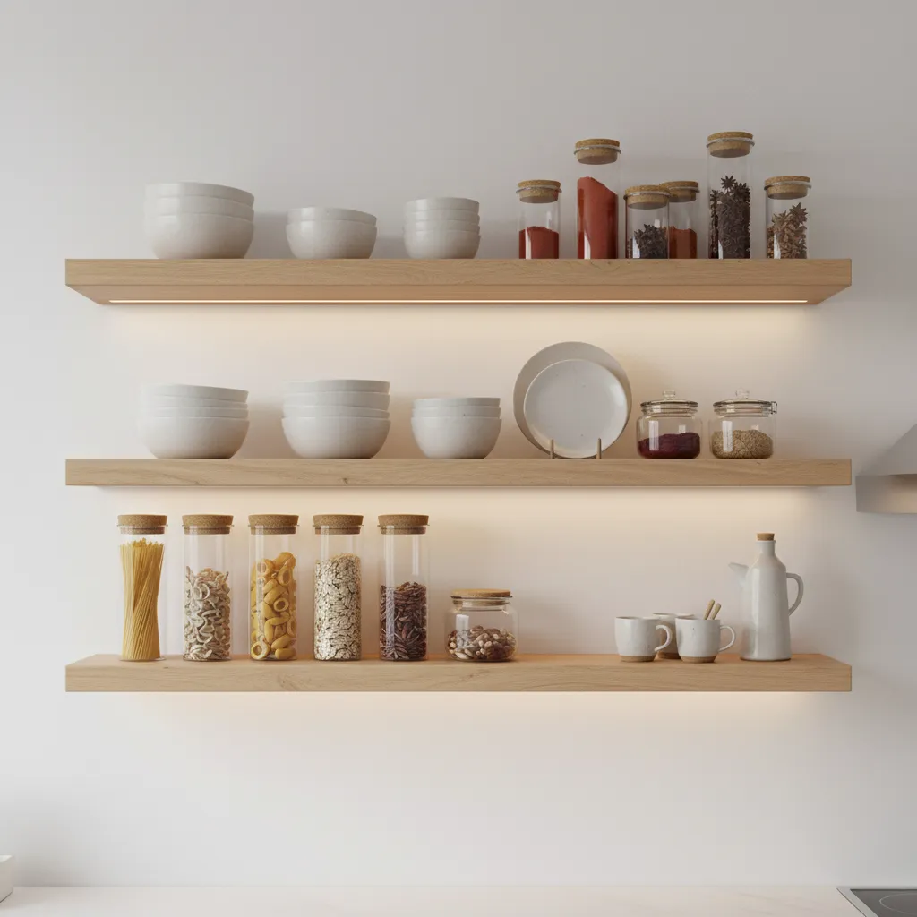 Open wall shelves above kitchen counter displaying dishes and jars in a small kitchen
