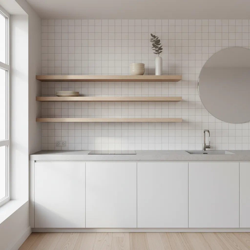 Kitchen with wood open shelves replacing upper cabinets