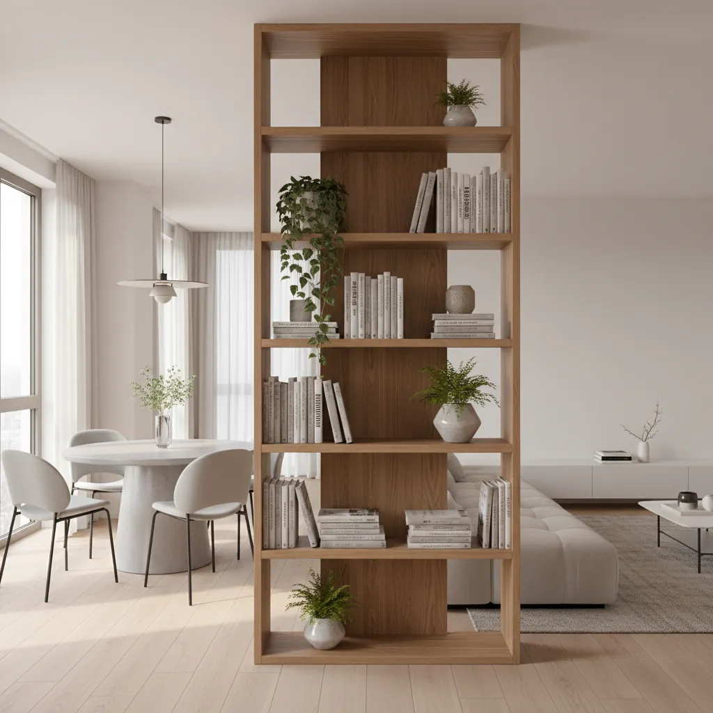 Open shelving unit used as divider between living room and dining area