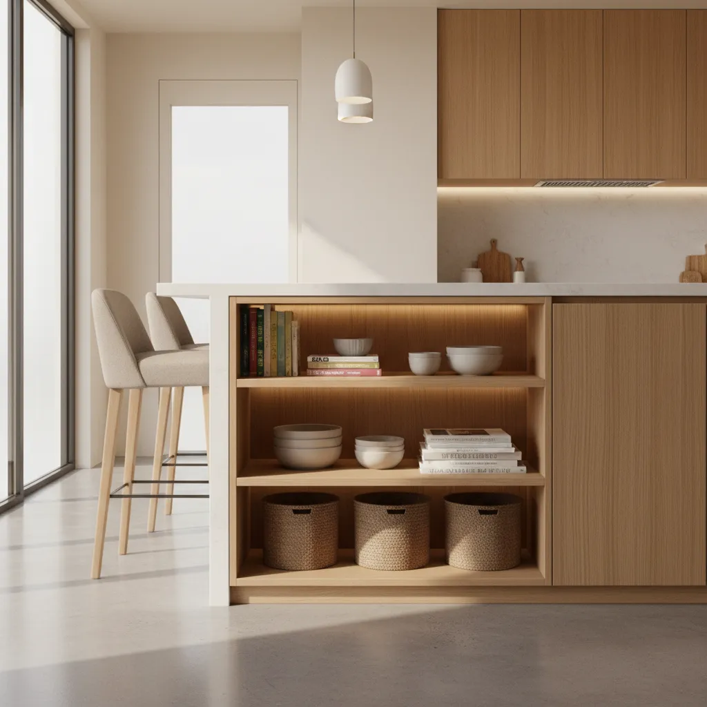 Kitchen island open shelving with bowls cookbooks and baskets