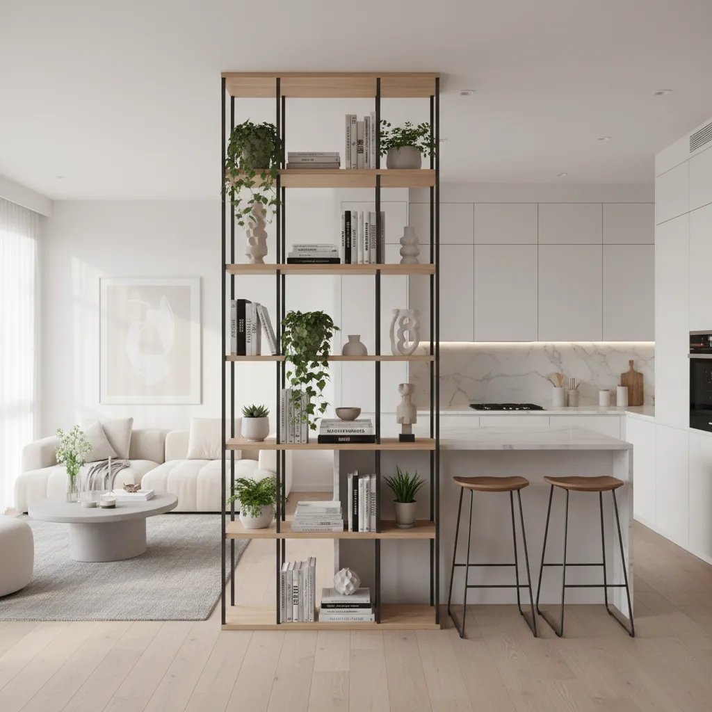 Open shelving partition separating kitchen and living space