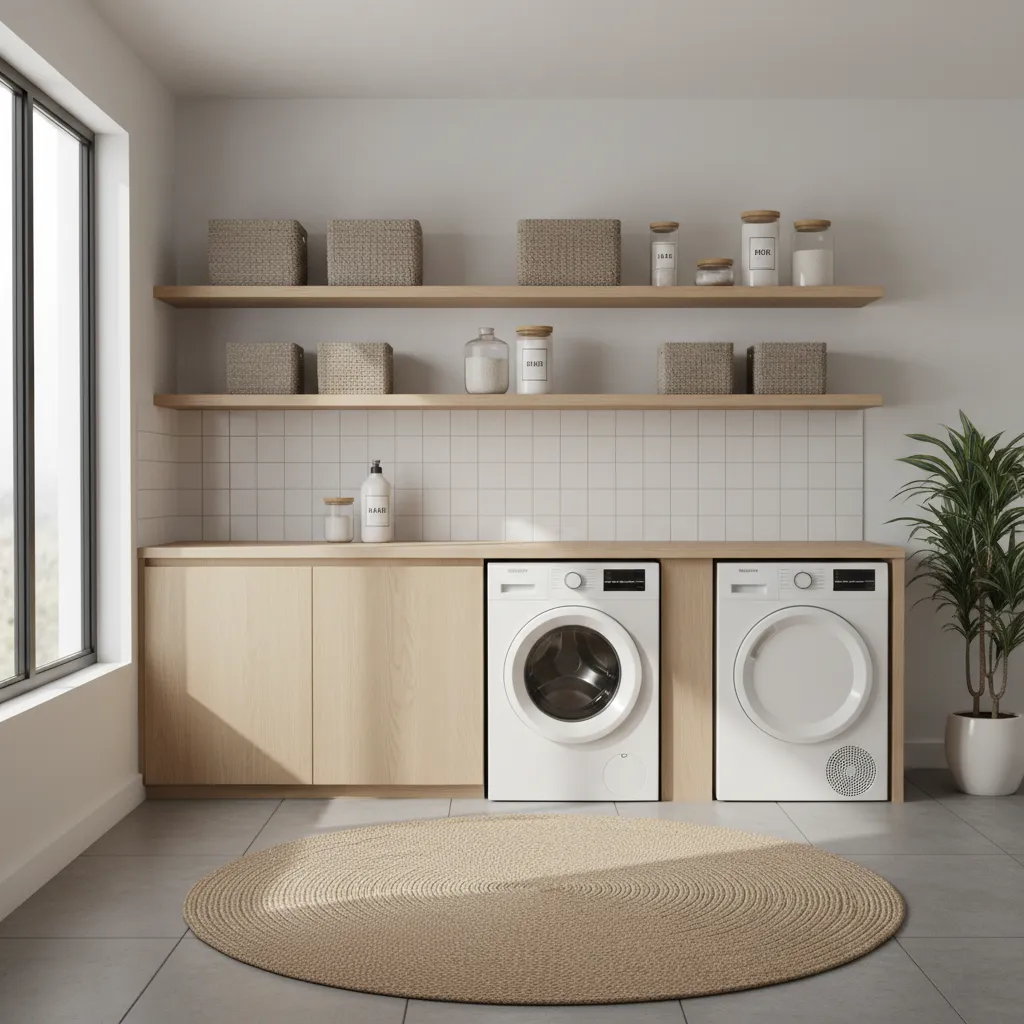 Laundry room with wooden open shelves storing baskets and detergent