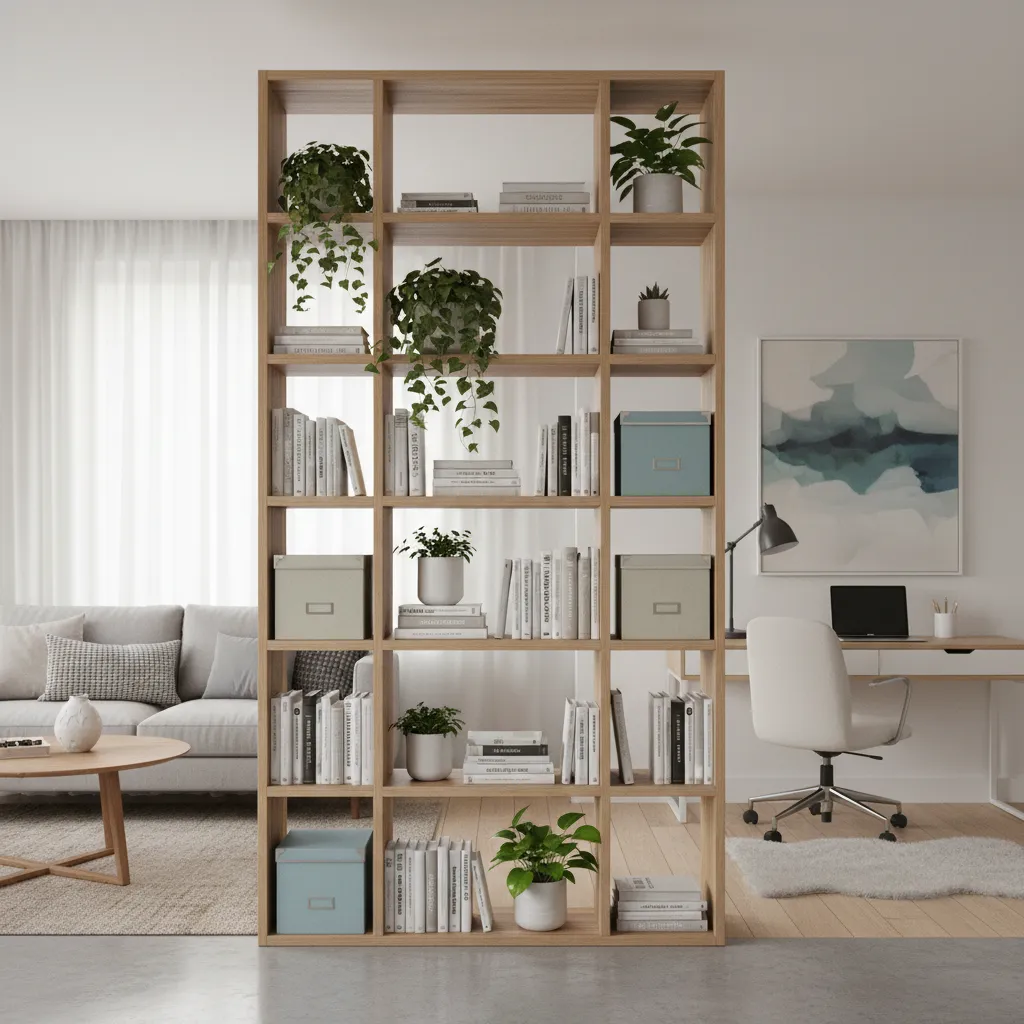 Open bookshelf used as a room divider between living room and workspace
