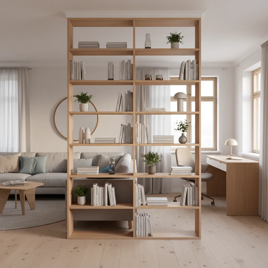 Open shelving unit used as a room divider in a modern living room