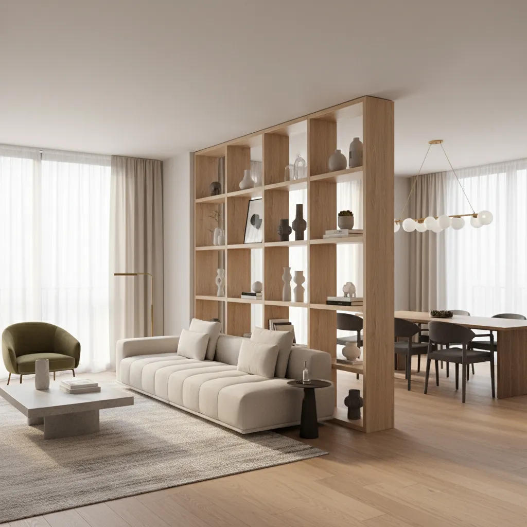 open shelving used as a room divider between living room and dining area