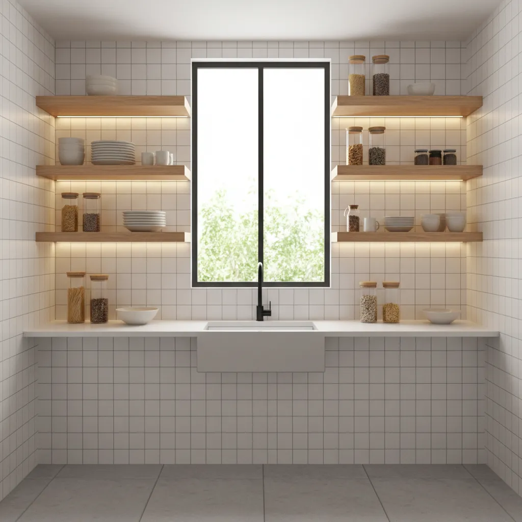 Small kitchen with wooden open shelves and minimal decor