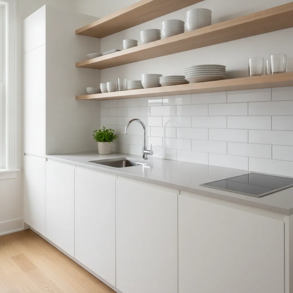 small kitchen with selective open shelving and closed cabinets