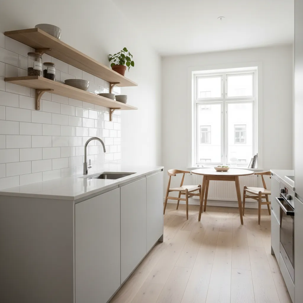 Small kitchen using open shelving instead of upper cabinets