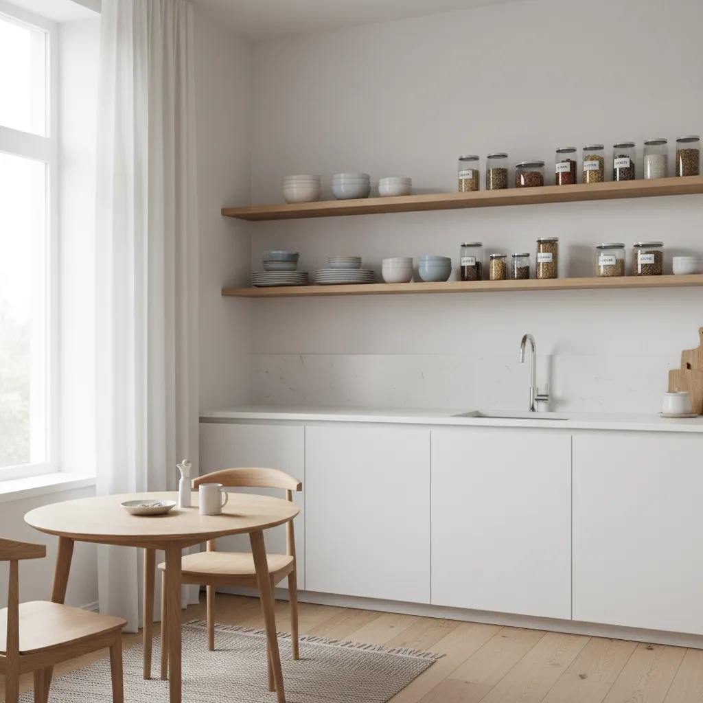 open shelving in a small kitchen displaying dishes jars and decor