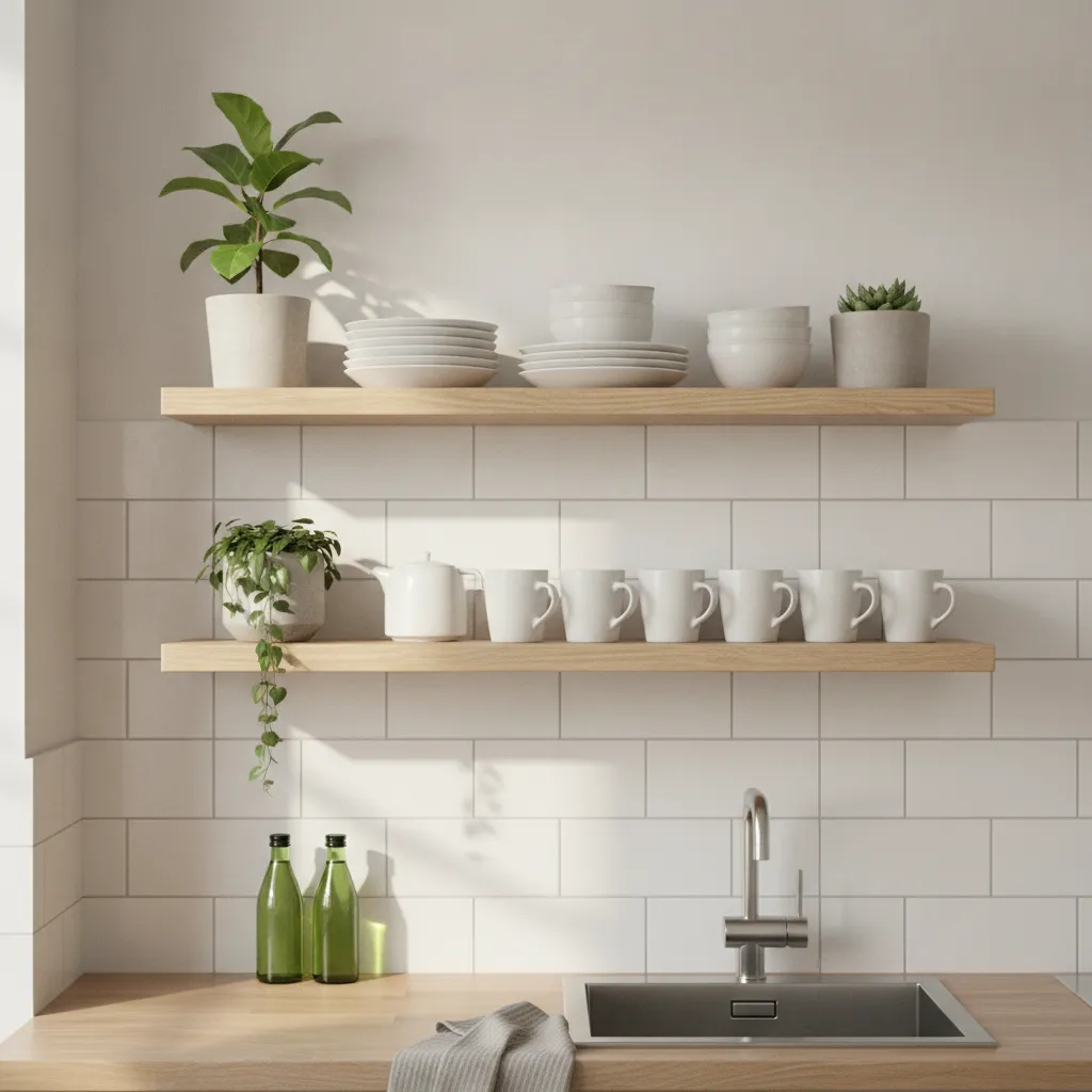 Small kitchen with minimal open wall shelves holding dishes and plants