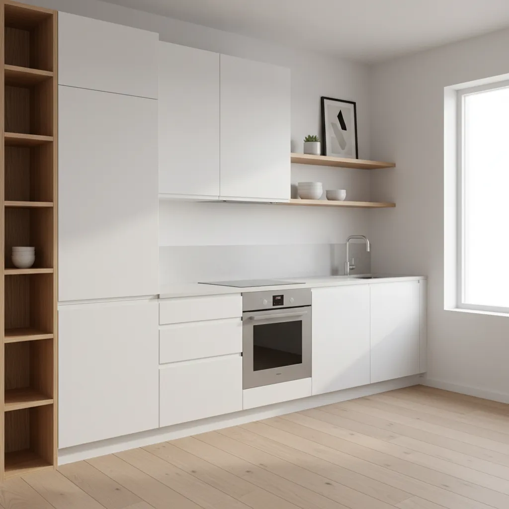 Small kitchen with mix of upper cabinets and open shelving
