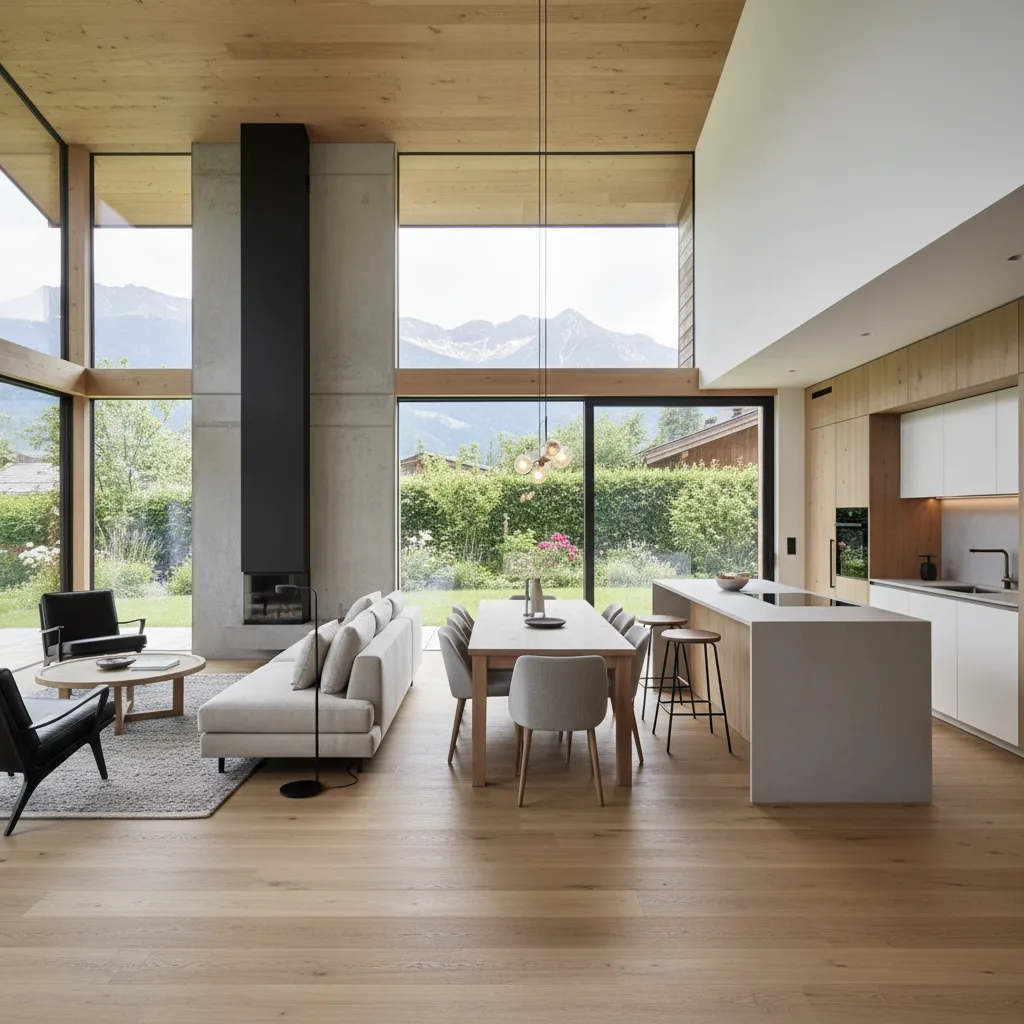 Salón abierto de chalet moderno conectado con comedor y cocina