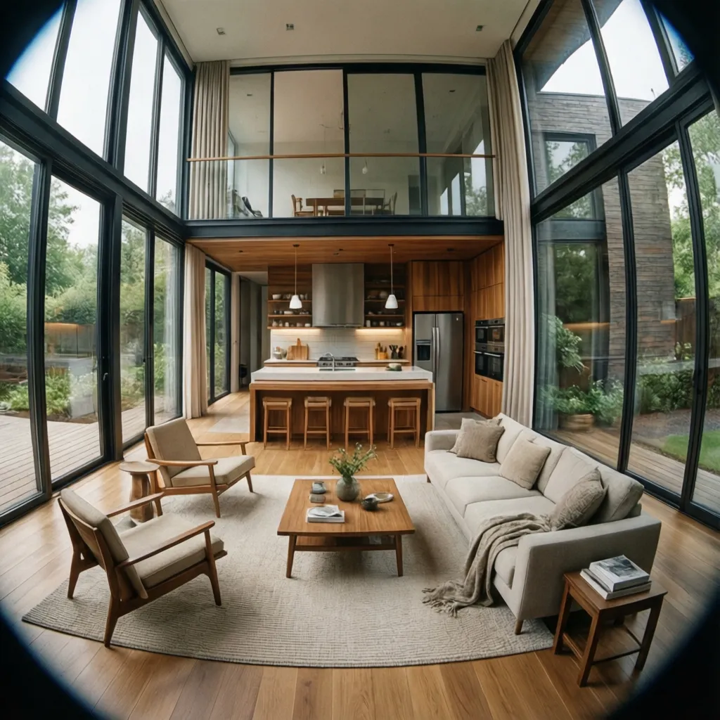Interior abierto de casa cúbica con salón y cocina integrados