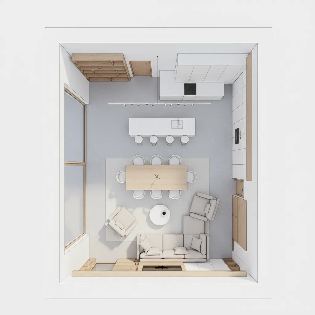 Clean interior design drawing showing a living area with kitchen island dining table and sofa