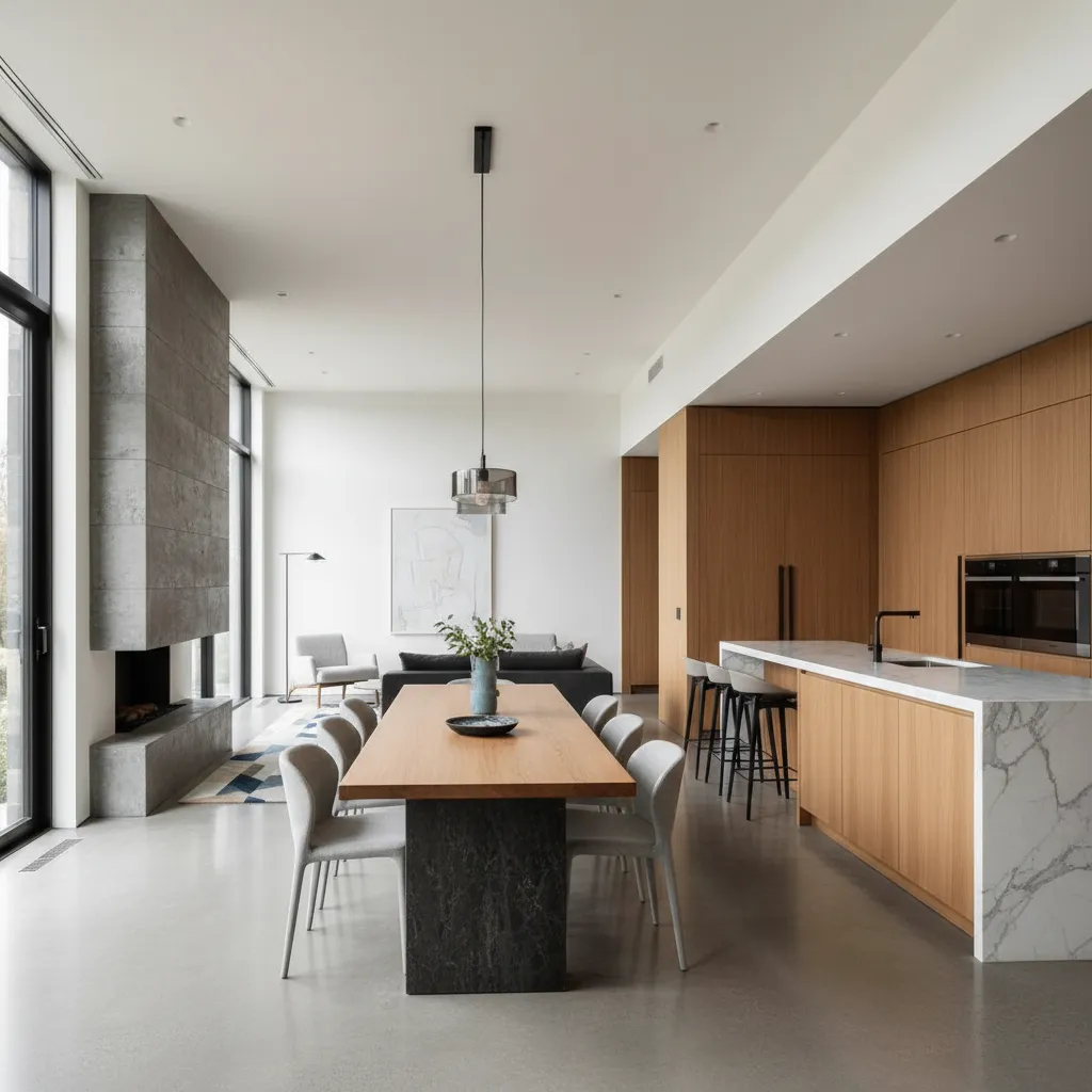 Comedor integrado con cocina y salón en una casa moderna