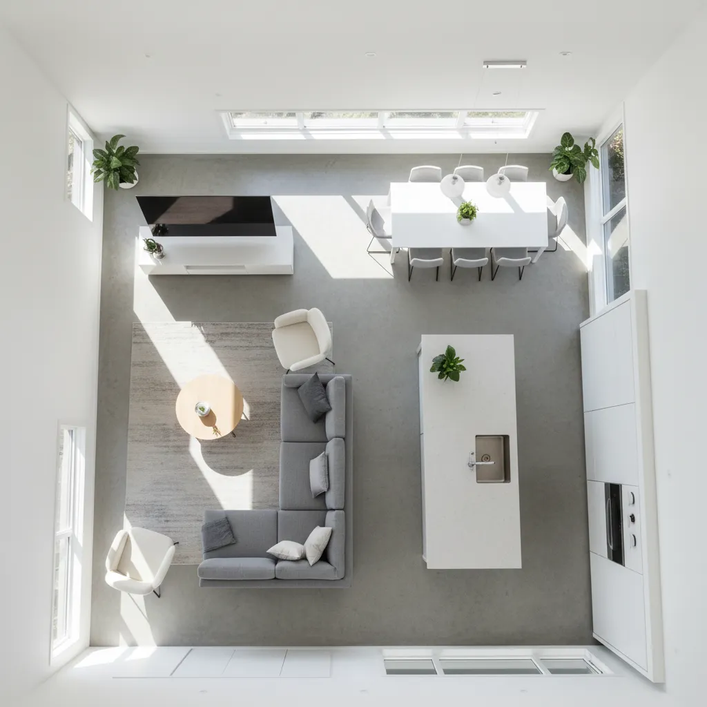 Open plan living room layout with grey sofa white dining table kitchen island and floor