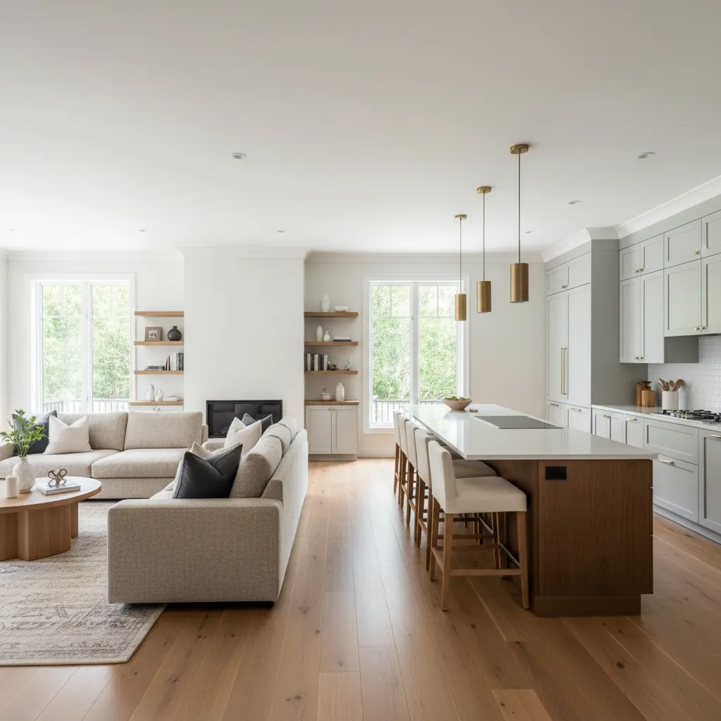 Salón y cocina abiertos con isla central en una casa moderna
