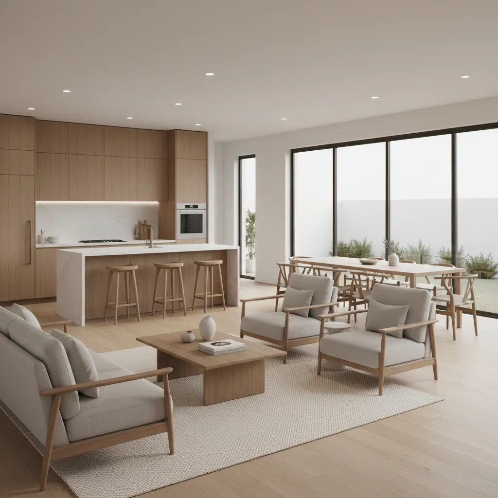 Open plan living room with grey sofa wooden armchairs kitchen island and large glass doors
