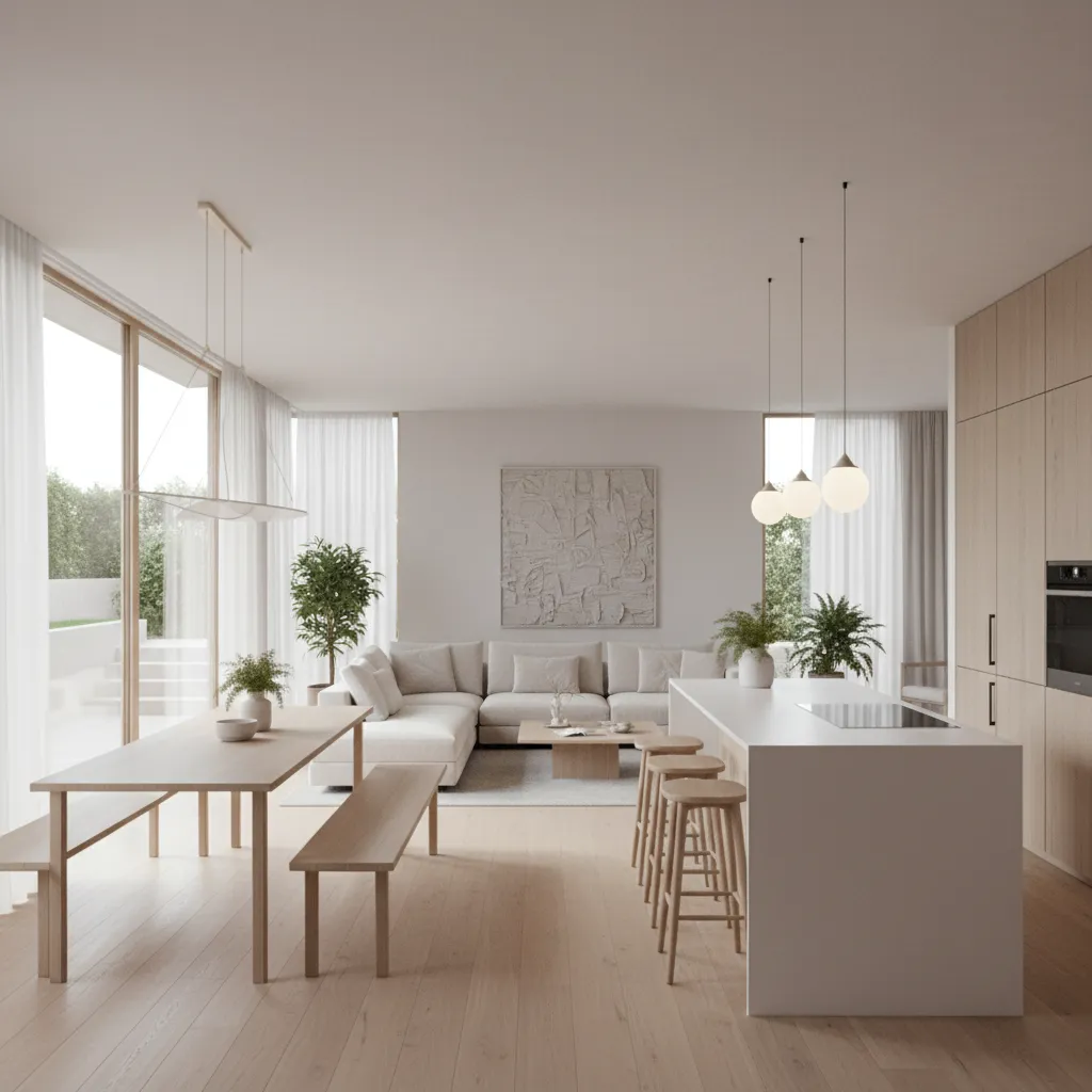 Bright open living room with white sofa wooden dining table kitchen island and ceiling lights